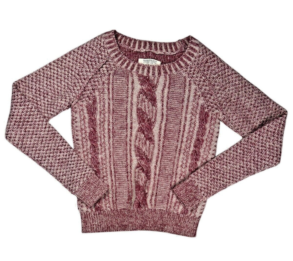ALLSAINTS Lomond Jumper Womens 4 Cable-Knit Wool Linen Blend Sweater Burgundy